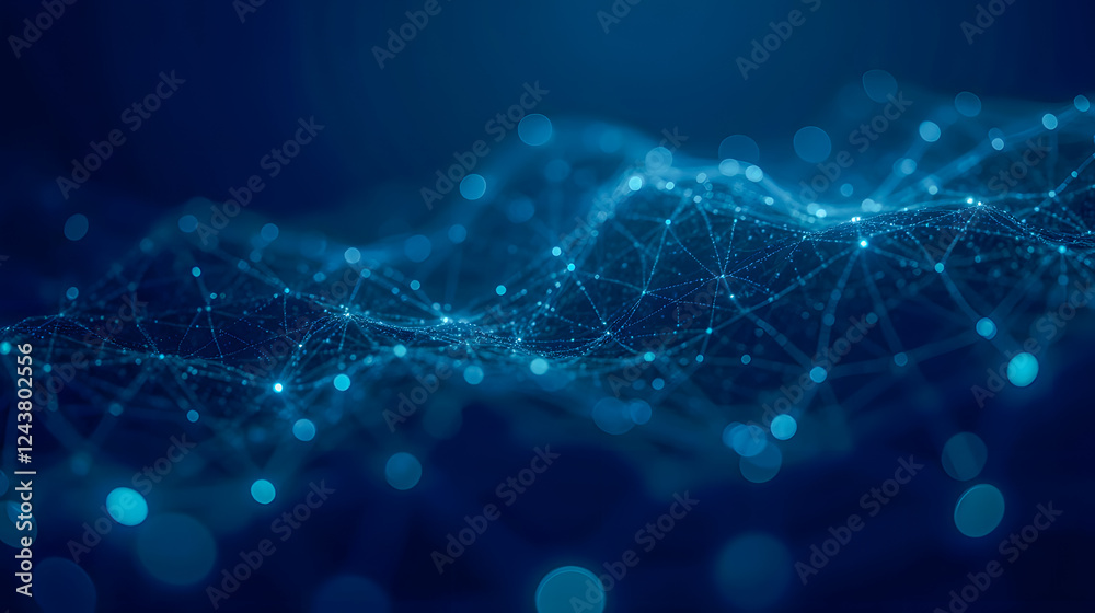 Poster abstract network connection visualization with dots and lines on dark blue background representing d