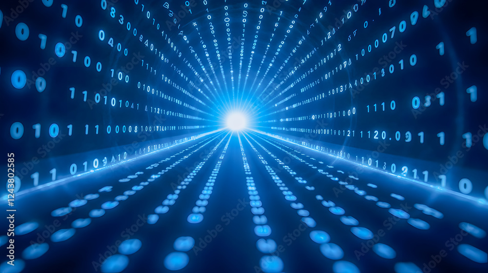 Poster futuristic data stream with blue binary code flowing towards bright light in abstract digital terrai