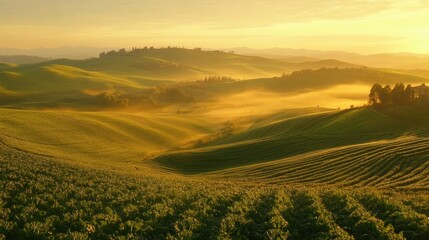 Obraz premium Organic cabbage farm under the golden sunrise, misty atmosphere, rolling green fields, farmers harvesting fresh vegetables, cinematic shot