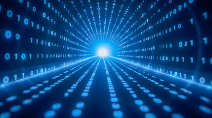 Obraz premium Futuristic Data Stream with Blue Binary Code Flowing Towards Bright Light in Abstract Digital Terrain