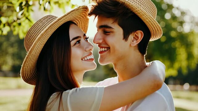 Romantic couple enjoying sunny day in nature with laughter and embraces