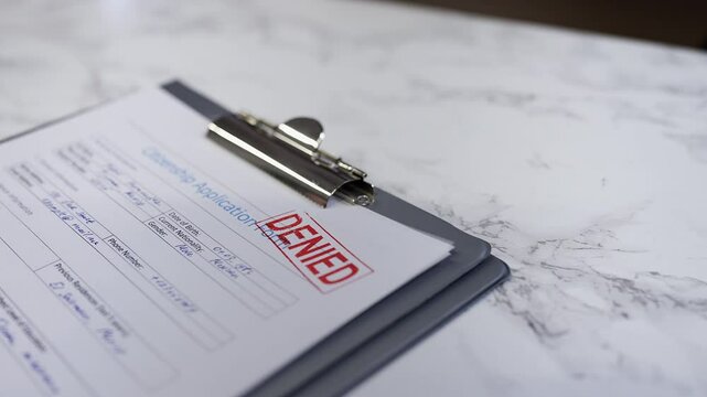 Citizenship application form is rejected, a hand places a denied stamp on paper