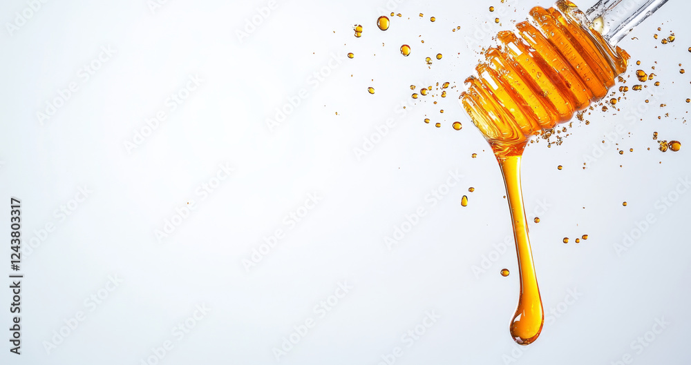 Poster golden honey drips from a wooden dipper, creating splashes of liquid in the air. the smooth texture 