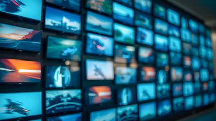 A Wall of Multiple Television Screens Displaying Various High-Tech Visuals and Colorful Images in a Modern Digital Environment