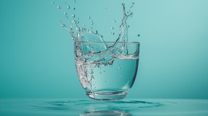 Dynamic splash of water in a transparent glass on teal background