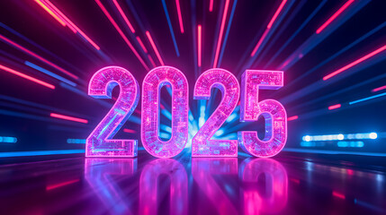 Bright Neon 2025 Numbers with Burst of Colorful Light Beams Reflecting on a Smooth Surface for New Year Celebration Visuals
