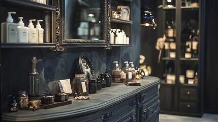 Vintage apothecary shelf with antique bottles and decor
