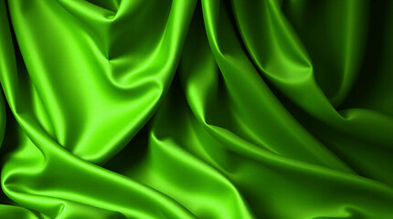 Bright Lime Green abstract background. Silk satin velvet fabric. Elegant luxury rich. Curtain drapery fold line wave flow.