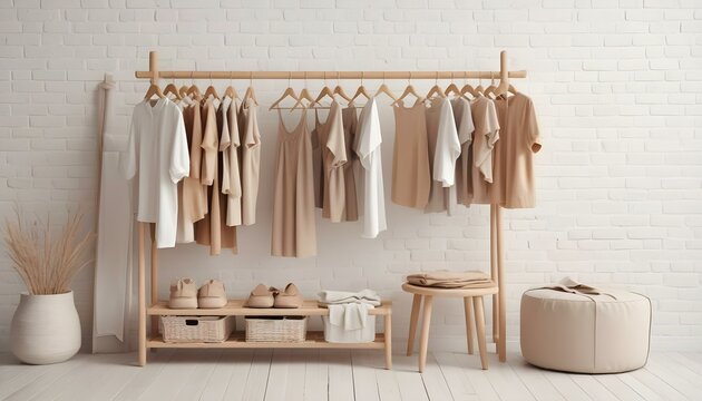 Un perchero de madera con varias prendas de vestir de colores beige y neutros colgadas, incluidas camisas, vestidos y pantalones. El estante est&aacute; colocado contra una pared de ladrillo blanco