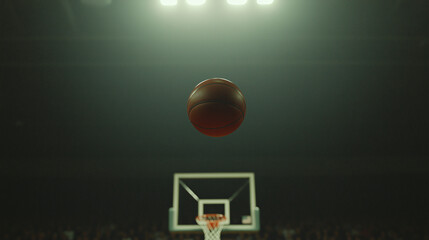 Fototapeta premium Basketball Game Winner: A basketball hangs in mid-air, moments from a game-winning shot, the hoop and blurred stadium crowd below, dramatically lit by stadium spotlights.