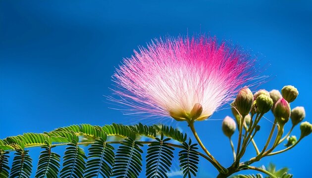 a single pink flower on the flowering branch of albizia lankaran isolated on a blue background blooming albizia lankaran garden