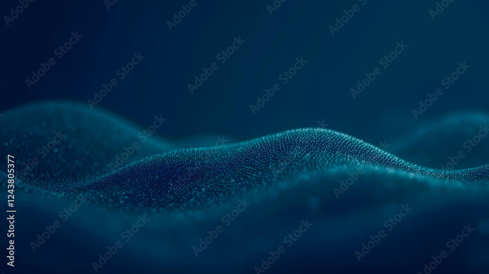 Poster abstract representation of fluid wave patterns in a blue color palette with soft reflections and tex