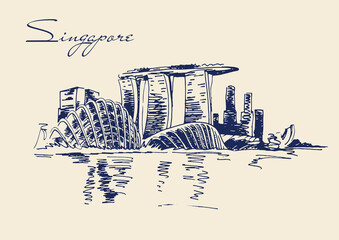 Line art sketch of Singapore city skyline. 
Singapore cityscapes drawings illustration collection.