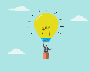 A businessman standing inside a hot air balloon shaped like a giant light bulb, representing innovation, creative thinking, and visionary business ideas