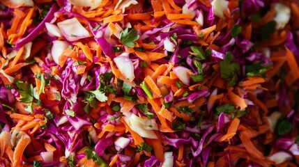 Top-down view of a colorful salad with shredded cabbage, carrots, and herbs, vibrant fresh ingredients, bright and natural lighting