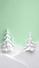 Obraz premium Winter abstract background design creative concept, snow icon, pine, spruce, fir tree art paper cut origami with green mint background. Copy space text area. 3D rendering illustration, masterpiece.