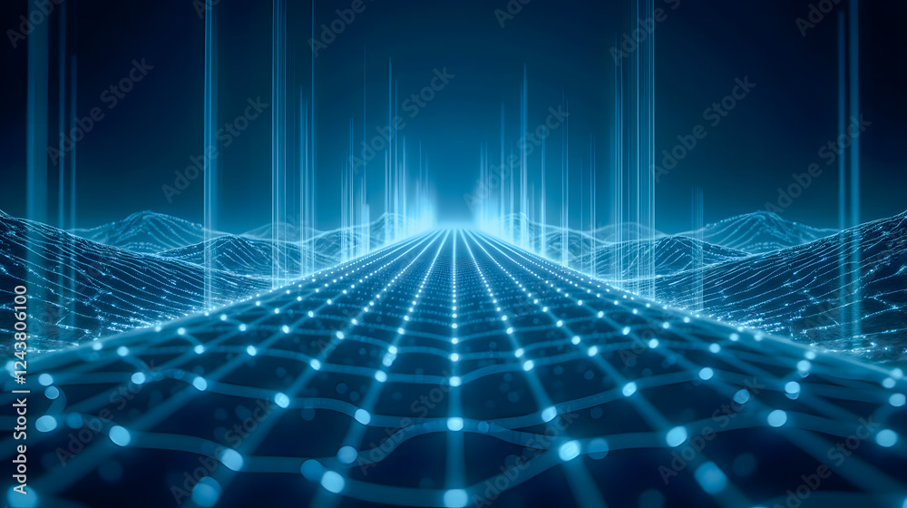 Poster futuristic digital landscape with glowing lines and nodes abstract visualization of technology and d