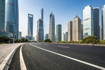 Wide asphalt road stretching through a modern cityscape with sleek skyscrapers and glass towers in the background, urban architecture, highway, concrete highway, urban landscape