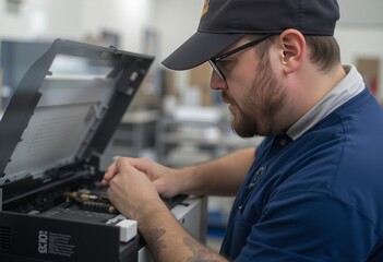 Technician in a blue shirt and cap performing maintenance on a large office photocopier machine, surrounded by office equipment and tools, showcasing a workspace repair scenario.