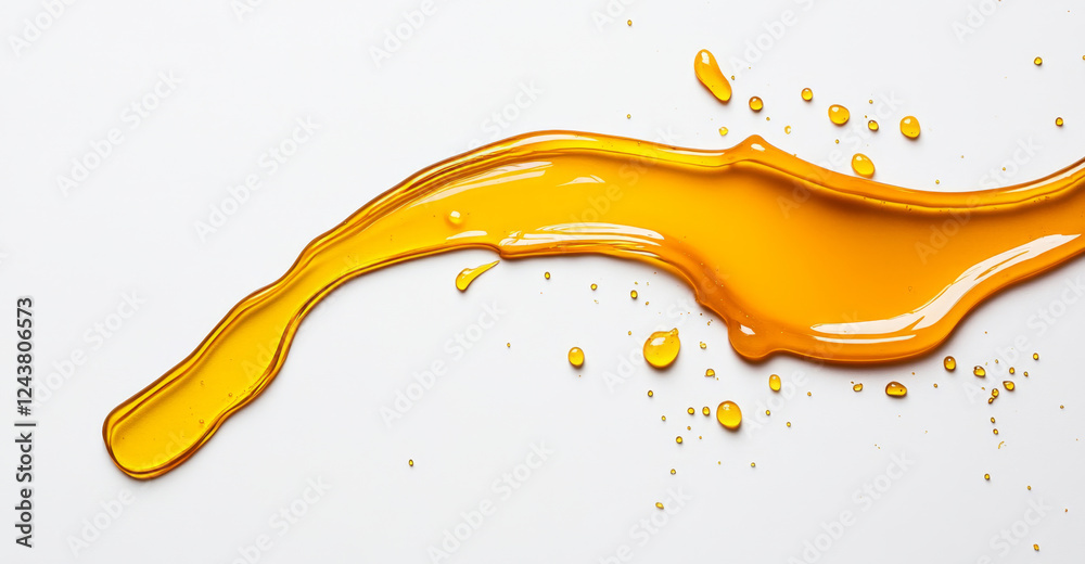Aufkleber golden honey flows and splashes across a smooth white surface, showcasing its thick, viscous texture