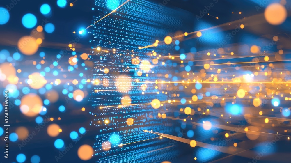 Poster abstract depiction of data flow with glowing blue and orange light particles, ideal for illustrating