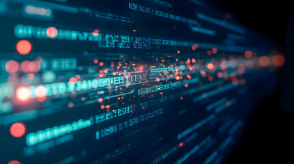 Fototapeta premium Abstract digital background with moving binary code data, glowing lights and futuristic elements depicting technology and innovation in cyberspace