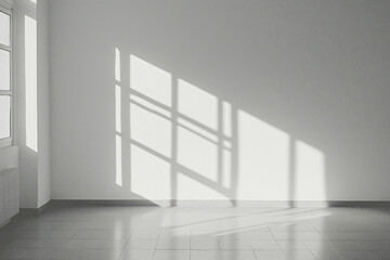 Fototapeta premium Sunbeams Through Window: Sunlight streams through a window, casting long, geometric shadows across the wall, a simple yet striking composition that evokes a sense of calm and tranquility. 