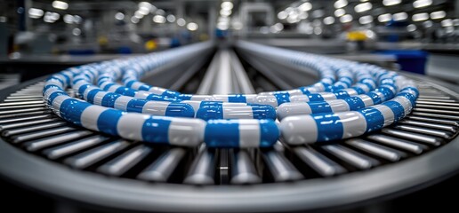 Conveyor belt carrying rows of white plastic bottles in a factory setting. Production line for pharmaceutical products.