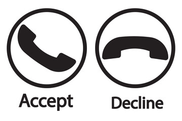 Incoming or outgoing phone call sign symbol isolated. Phone call icon answer, accept and decline call icons buttons black color. Flat design. Vector illustration.