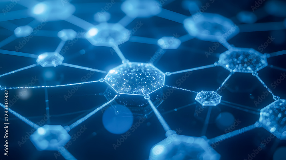 Poster abstract blue digital network connections with glowing hexagons and sparkling nodes for technology v