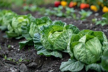 Fresh organic cabbage heads growing in rows at vegetable garden, with colorful tomatoes in background. Perfect for farm-to-table, healthy eating, and sustainable agriculture concepts.
