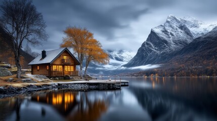 Fototapeta premium Nestled Against the Tranquil Waters: A Charming Cabin by the Lake in a Serene Nature Landscape