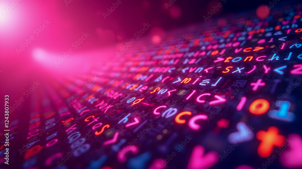 Poster colorful digital code and data flow representing technology, programming, and innovation in a vibran