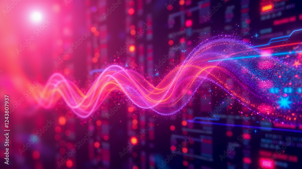 Poster abstract waves of colorful light flowing through a high-tech data environment with digital elements 