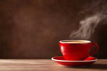 Rich aroma of freshly brewed coffee in a vibrant red cup on a rustic wooden table