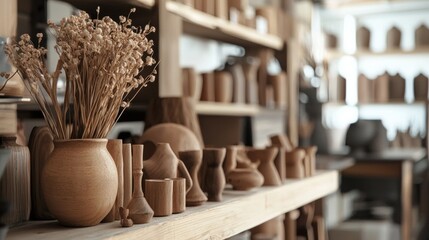 Fototapeta premium Rustic artisan pottery displayed on wooden shelves
