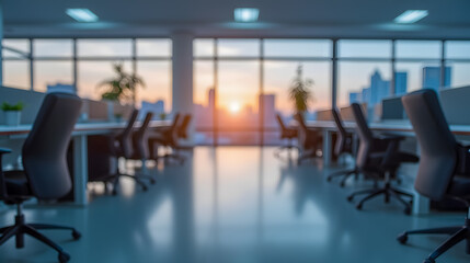 Modern Office Interior at Sunrise with Warm Light, Empty Workstations, and Cityscape View Through Large Windows in Background