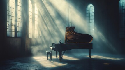 Grand piano illuminated by sunlight beams in abandoned church