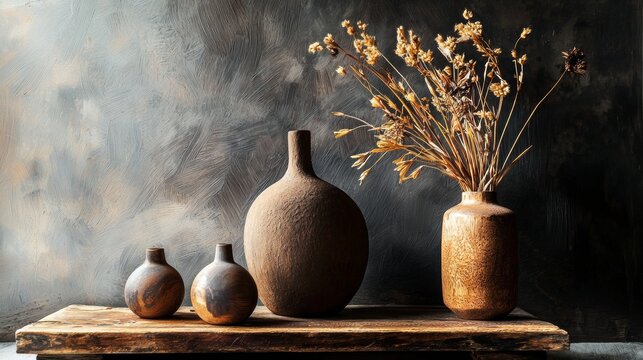 Rustic ceramic vases and dried flowers on a wooden table