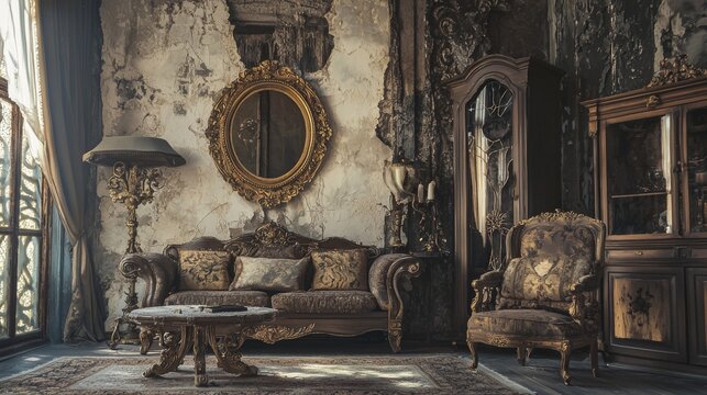 Vintage living room with ornate furniture and a large mirror