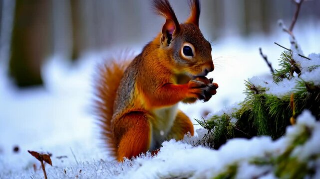 Squirrel is eating something in the snow. The image has a peaceful and calm mood, as the squirrel is enjoying its meal in a quiet, snowy environment