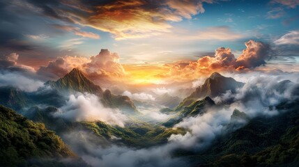 Fototapeta premium Breathtaking Mountain Sunset: Embracing Nature's Splendor with Vibrant Hues and Majestic Peaks in Dramatic Twilight Glow