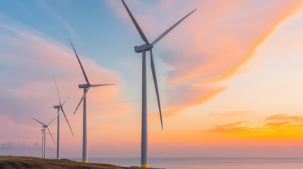 Obraz premium Serene Sunset Over Coastal Wind Turbines at Dusk