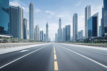 A captivating view of a vibrant city skyline with impressive skyscrapers above an empty road, inviting exploration and showcasing remarkable architecture in this beautiful urban setting