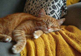 Cozy Orange Cat Sleeping Peacefully on a Soft Knit Blanket with Decorative Pillow in a Bright Living Room Setting