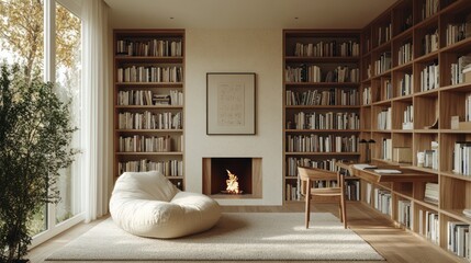 Cozy library room, reading chair, fireplace, autumn view