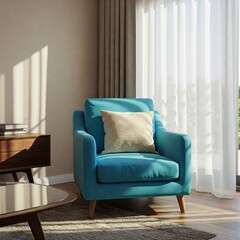 interior and home decor concept - close up of blue chair with pillow over black wall