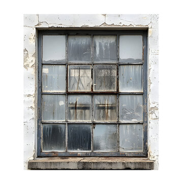 Grimy Industrial Warehouse Window on Plain White Isolated Background