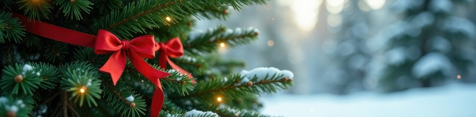 A fir tree with red ribbons tied around the trunk, winter, evergreen