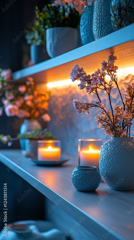 Poster delicate flowers in blue vases are elegantly arranged on a shelf, illuminated by the warm glow of ca